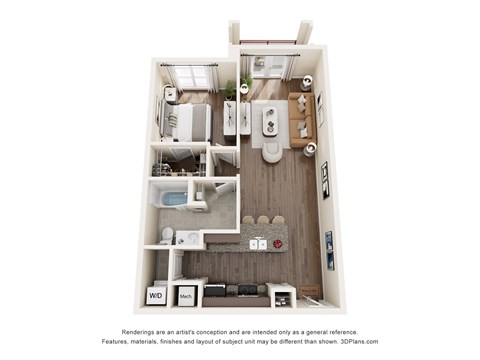 Floor plan for 1 bed, 1 bath, 770 sqft
